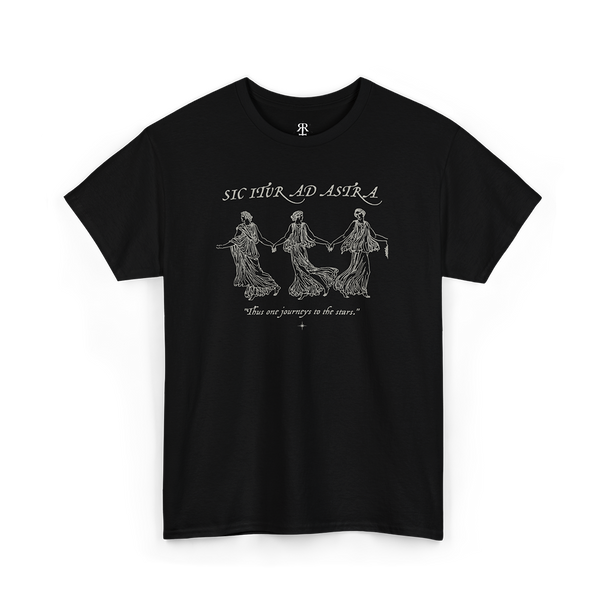 Black crew neck t-shirt with white text and graphic design featuring the phrase 'SIC ITUR AD ASTRA' and three stylized figures.