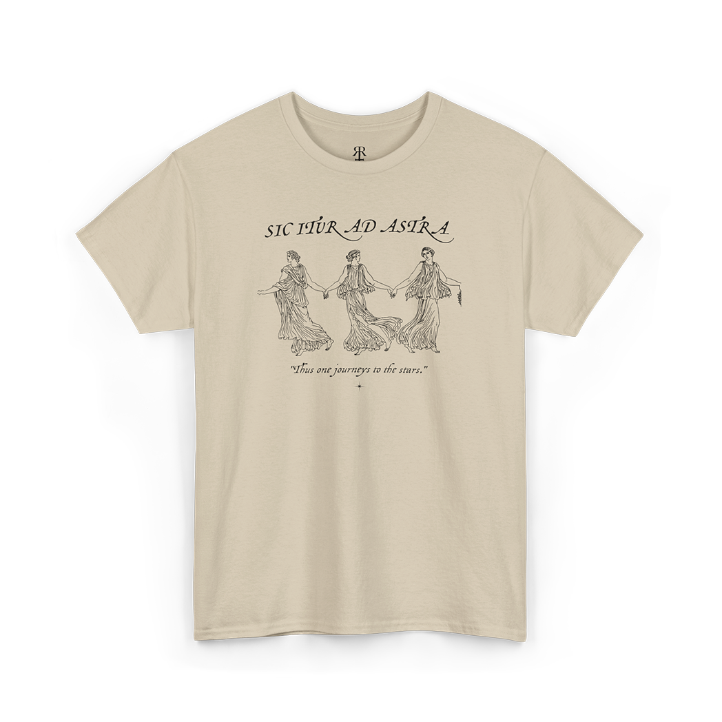 Sand crew neck t-shirt with white text and graphic design featuring the phrase 'SIC ITUR AD ASTRA' and three stylized figures.