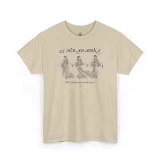 Sand crew neck t-shirt with white text and graphic design featuring the phrase 'SIC ITUR AD ASTRA' and three stylized figures.