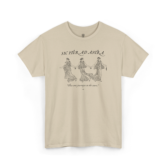 Sand crew neck t-shirt with white text and graphic design featuring the phrase 'SIC ITUR AD ASTRA' and three stylized figures.