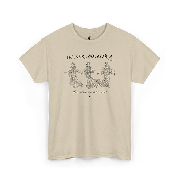 Sand crew neck t-shirt with white text and graphic design featuring the phrase 'SIC ITUR AD ASTRA' and three stylized figures.