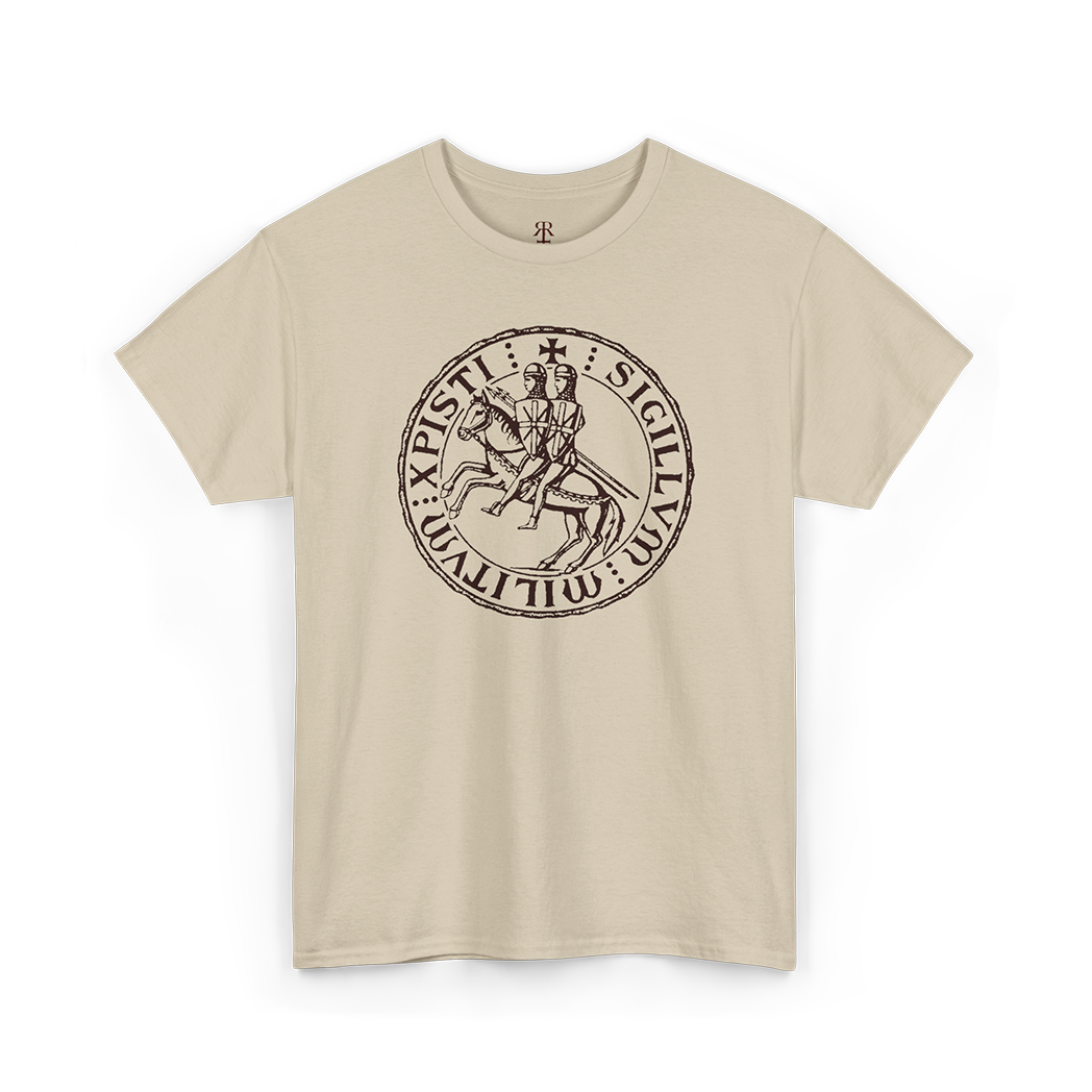 Beige Sigillum Militum Christi t-shirt - showing most powerful and mysterious symbols of the Knights Templar.