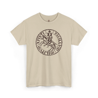 Beige Sigillum Militum Christi t-shirt - showing most powerful and mysterious symbols of the Knights Templar.
