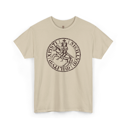 Beige Sigillum Militum Christi t-shirt - showing most powerful and mysterious symbols of the Knights Templar.