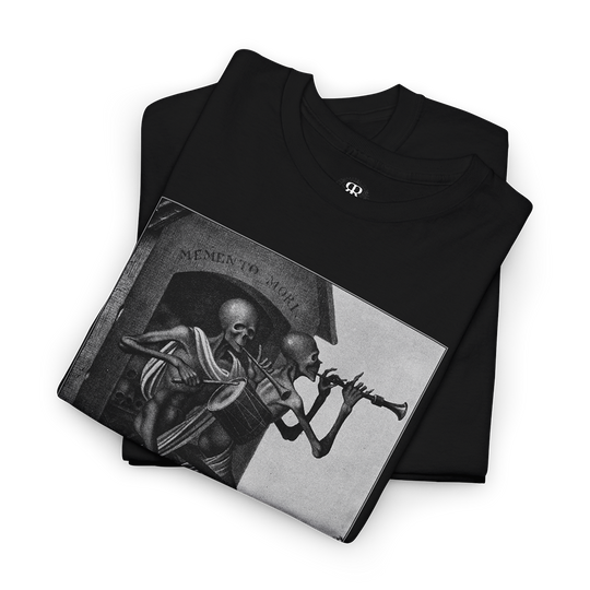 Black t-shirt with a graphic print of a skeleton playing a flute, based on the artwork 'Dance of Death' by Hieronymus Hess.
