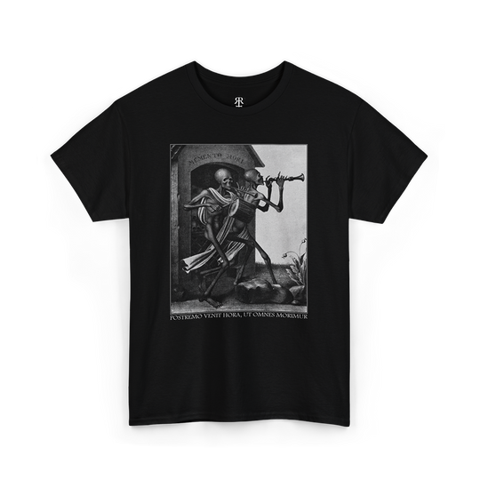 Black t-shirt with a graphic print of a skeleton playing a flute, based on the artwork 'Dance of Death' by Hieronymus Hess.