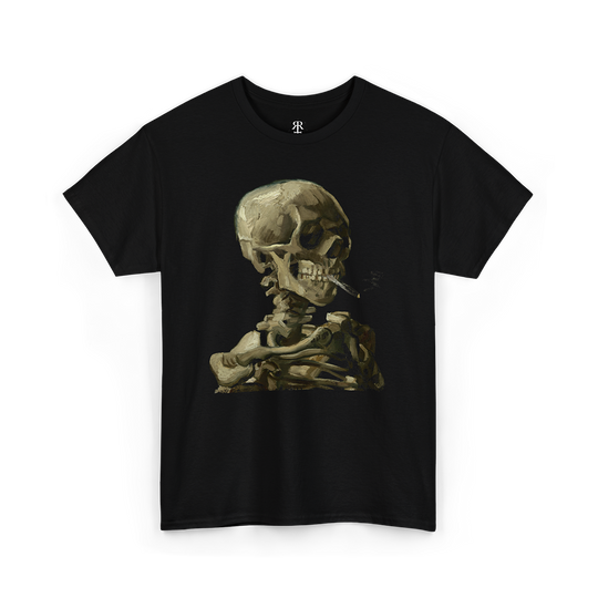 Black t-shirt with a graphic print of a skeleton holding a burning cigarette, inspired by Vincent van Gogh's artwork.