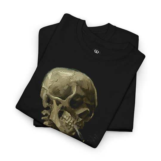 Black t-shirt with a graphic print of a skeleton holding a burning cigarette, inspired by Vincent van Gogh's artwork.