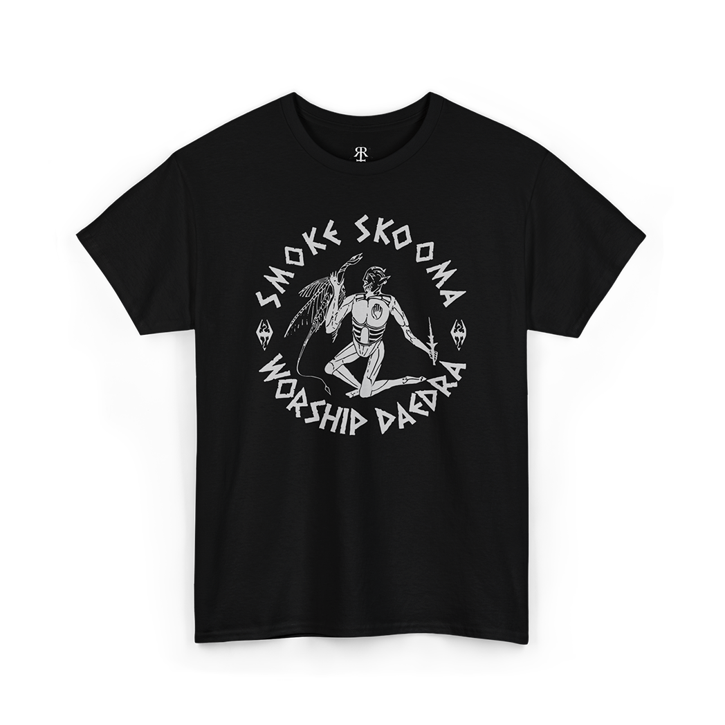 Black t-shirt with white text and graphic that reads 'SMOKE SKOOMA WORSHIP DAEDRA'