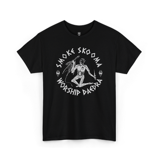 Black t-shirt with white text and graphic that reads 'SMOKE SKOOMA WORSHIP DAEDRA'