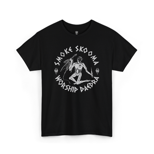 Black t-shirt with white text and graphic that reads 'SMOKE SKOOMA WORSHIP DAEDRA'