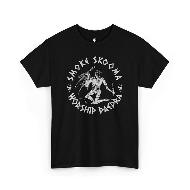 Black t-shirt with white text and graphic that reads 'SMOKE SKOOMA WORSHIP DAEDRA'