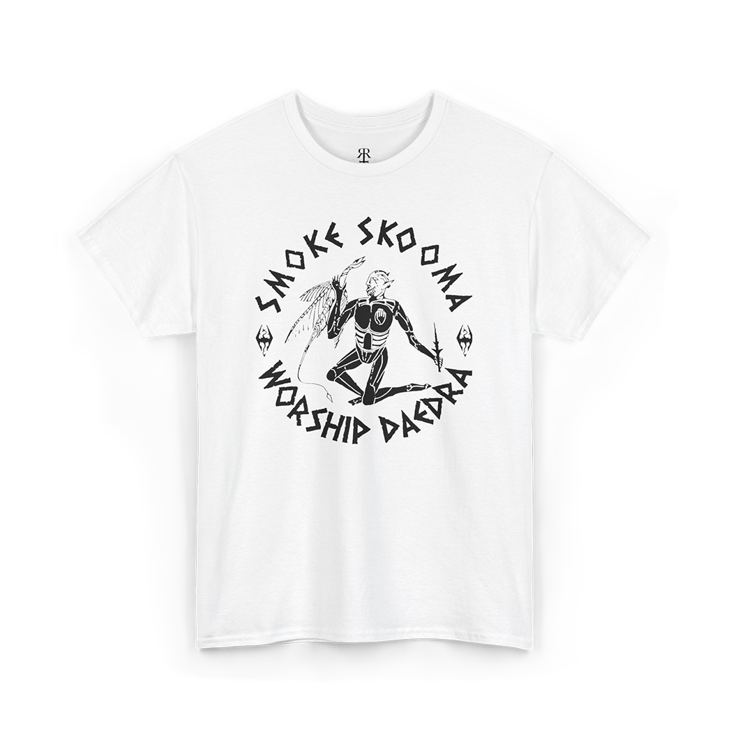 White t-shirt with white text and graphic that reads 'SMOKE SKOOMA WORSHIP DAEDRA'
