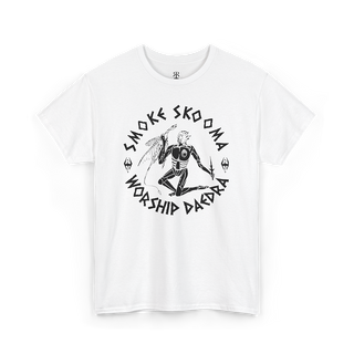 White t-shirt with white text and graphic that reads 'SMOKE SKOOMA WORSHIP DAEDRA'