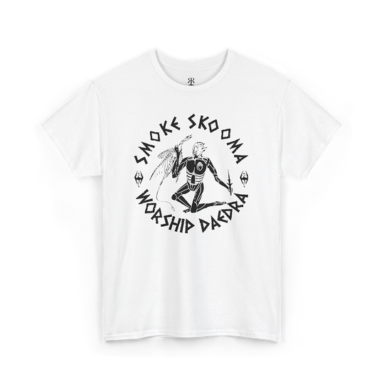 White t-shirt with white text and graphic that reads 'SMOKE SKOOMA WORSHIP DAEDRA'