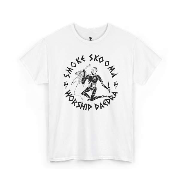 White t-shirt with white text and graphic that reads 'SMOKE SKOOMA WORSHIP DAEDRA'