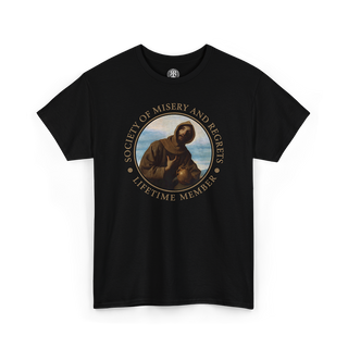 A black short-sleeve crewneck t-shirt featuring a circular graphic print of Saint Francis of Assisi with a rabbit, surrounded by the text 'SOCIETY OF MISERY AND REGRETS' and 'LIFETIME MEMBER' in a gold tone.