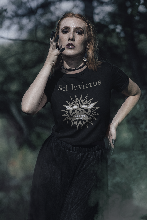 Woman wearing Sol Invictus Against The Modern World T-Shirt