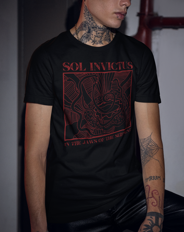 Man wearing Sol Invictus In Jaws Of The Serpent T-Shirt