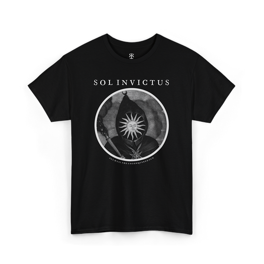 Black t-shirt with 'SOL INVICTUS' text and a sun-related graphic design in white.