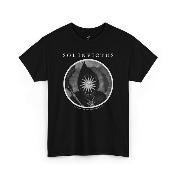 Black t-shirt with 'SOL INVICTUS' text and a sun-related graphic design in white.