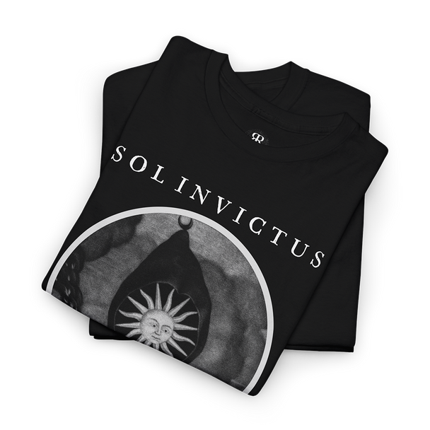 Black t-shirt with 'SOL INVICTUS' text and a sun-related graphic design in white.