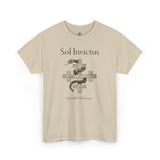 A beige t-shirt featuring a graphic print of a snake and crosses, and the text 'Sol Invictus The Hill of Crosses'.