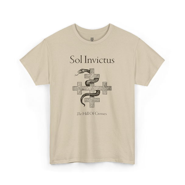 A beige t-shirt featuring a graphic print of a snake and crosses, and the text 'Sol Invictus The Hill of Crosses'.