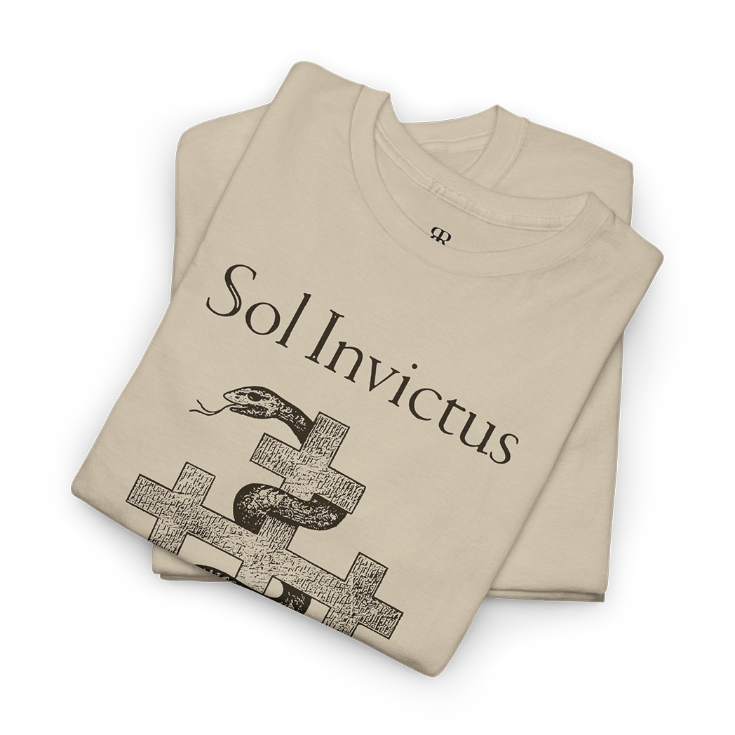 A beige t-shirt featuring a graphic print of a snake and crosses, and the text 'Sol Invictus The Hill of Crosses'.