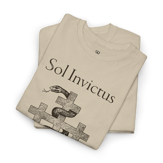 A beige t-shirt featuring a graphic print of a snake and crosses, and the text 'Sol Invictus The Hill of Crosses'.