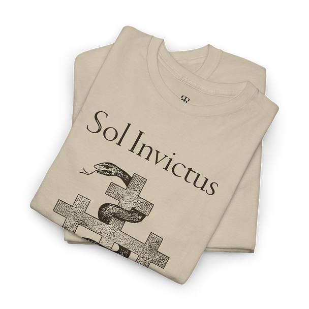 A beige t-shirt featuring a graphic print of a snake and crosses, and the text 'Sol Invictus The Hill of Crosses'.