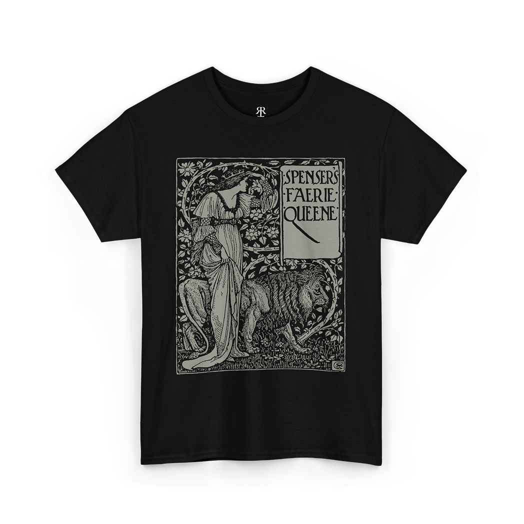 Black crew neck t-shirt with a graphic print of a figure and text ' Edmund Spenser The Faerie Queene '.
