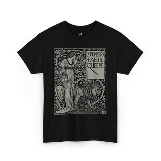 Black crew neck t-shirt with a graphic print of a figure and text ' Edmund Spenser The Faerie Queene '.
