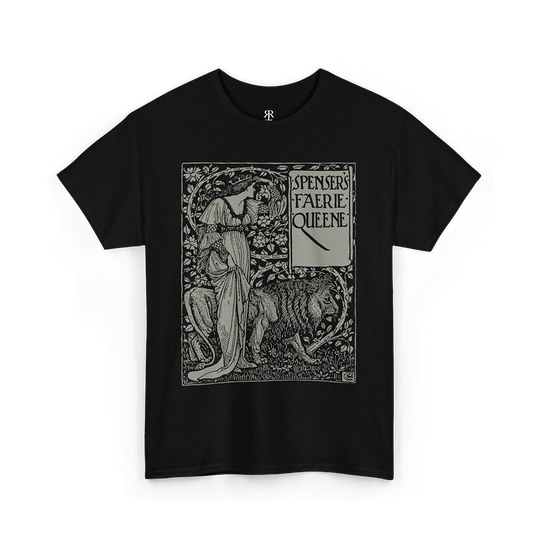 Black crew neck t-shirt with a graphic print of a figure and text ' Edmund Spenser The Faerie Queene '.