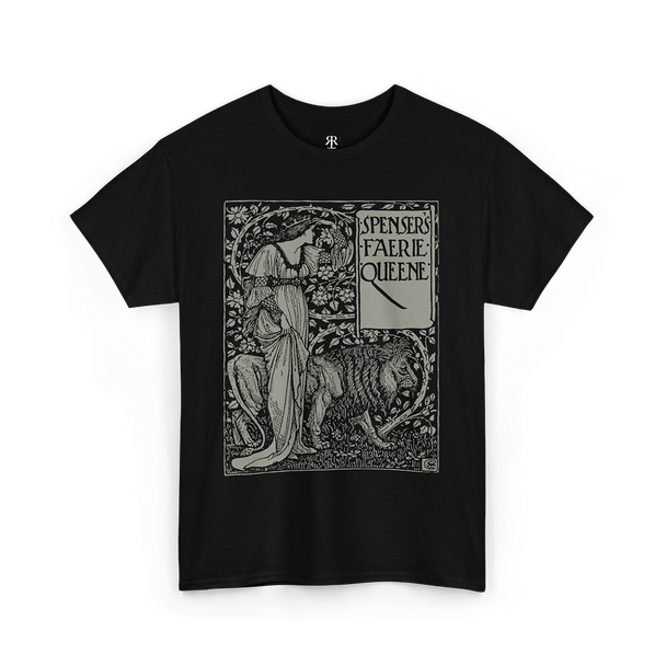 Black crew neck t-shirt with a graphic print of a figure and text ' Edmund Spenser The Faerie Queene '.