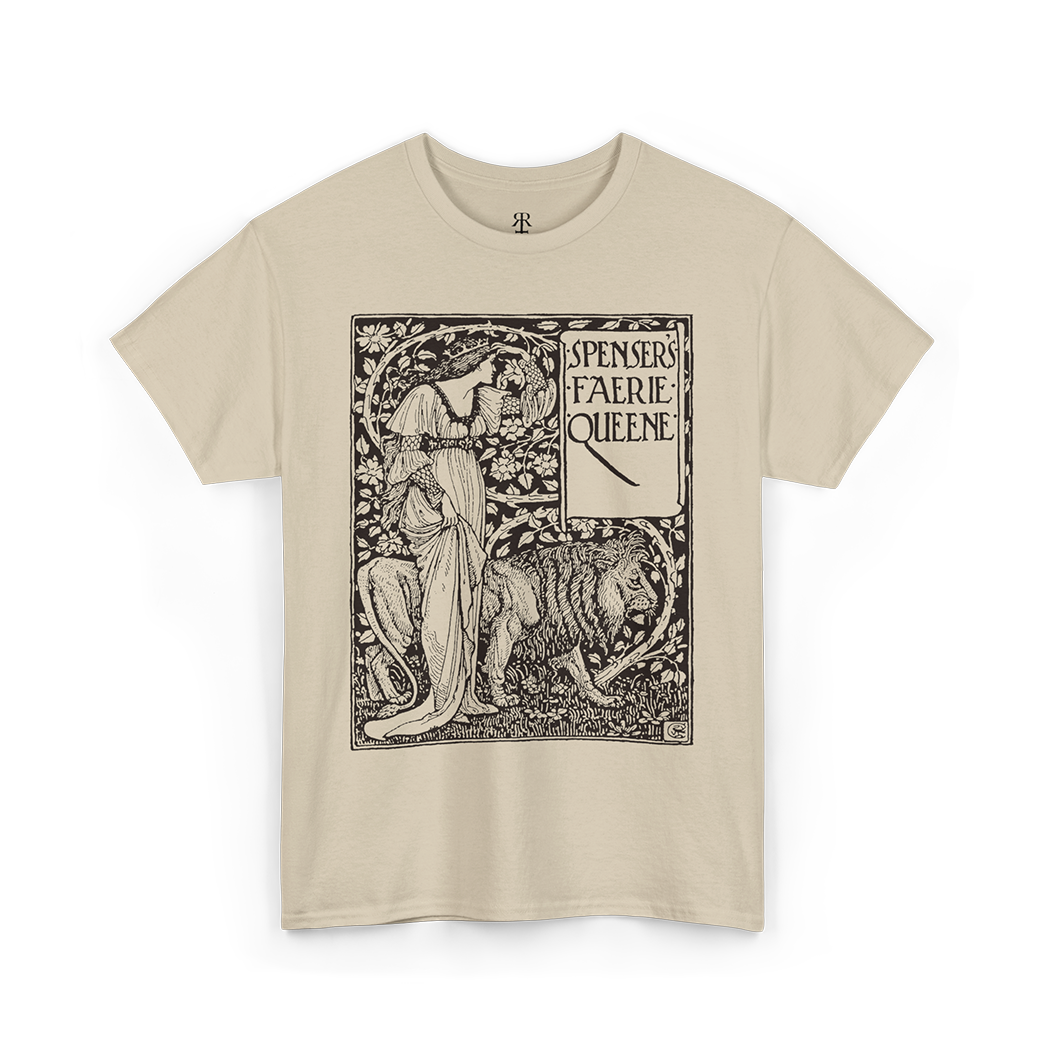 Beige crew neck t-shirt with a graphic print of a figure and text ' Edmund Spenser The Faerie Queene '.