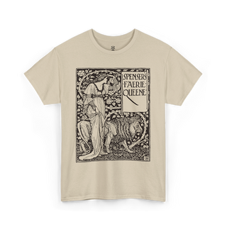 Beige crew neck t-shirt with a graphic print of a figure and text ' Edmund Spenser The Faerie Queene '.