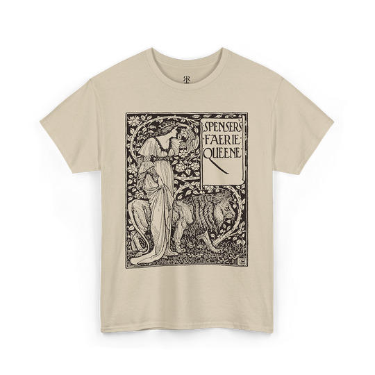 Beige crew neck t-shirt with a graphic print of a figure and text ' Edmund Spenser The Faerie Queene '.