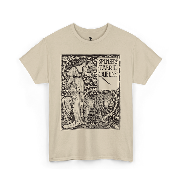 Beige crew neck t-shirt with a graphic print of a figure and text ' Edmund Spenser The Faerie Queene '.