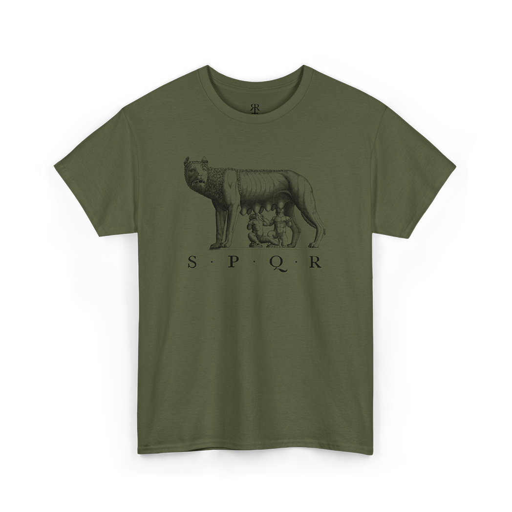 A olive green T-shirt featuring a black graphic of the Capitoline Wolf and the Roman abbreviation SPQR.