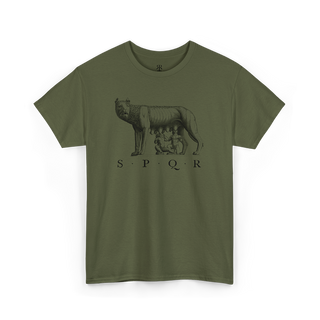 A olive green T-shirt featuring a black graphic of the Capitoline Wolf and the Roman abbreviation SPQR.