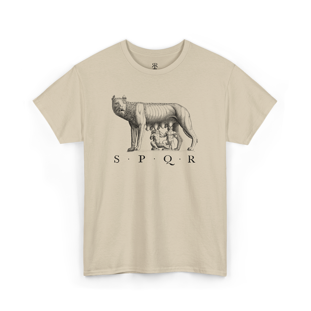 A beige T-shirt featuring a black graphic of the Capitoline Wolf and the Roman abbreviation SPQR.