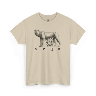 A beige T-shirt featuring a black graphic of the Capitoline Wolf and the Roman abbreviation SPQR.