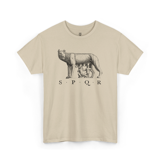 A beige T-shirt featuring a black graphic of the Capitoline Wolf and the Roman abbreviation SPQR.