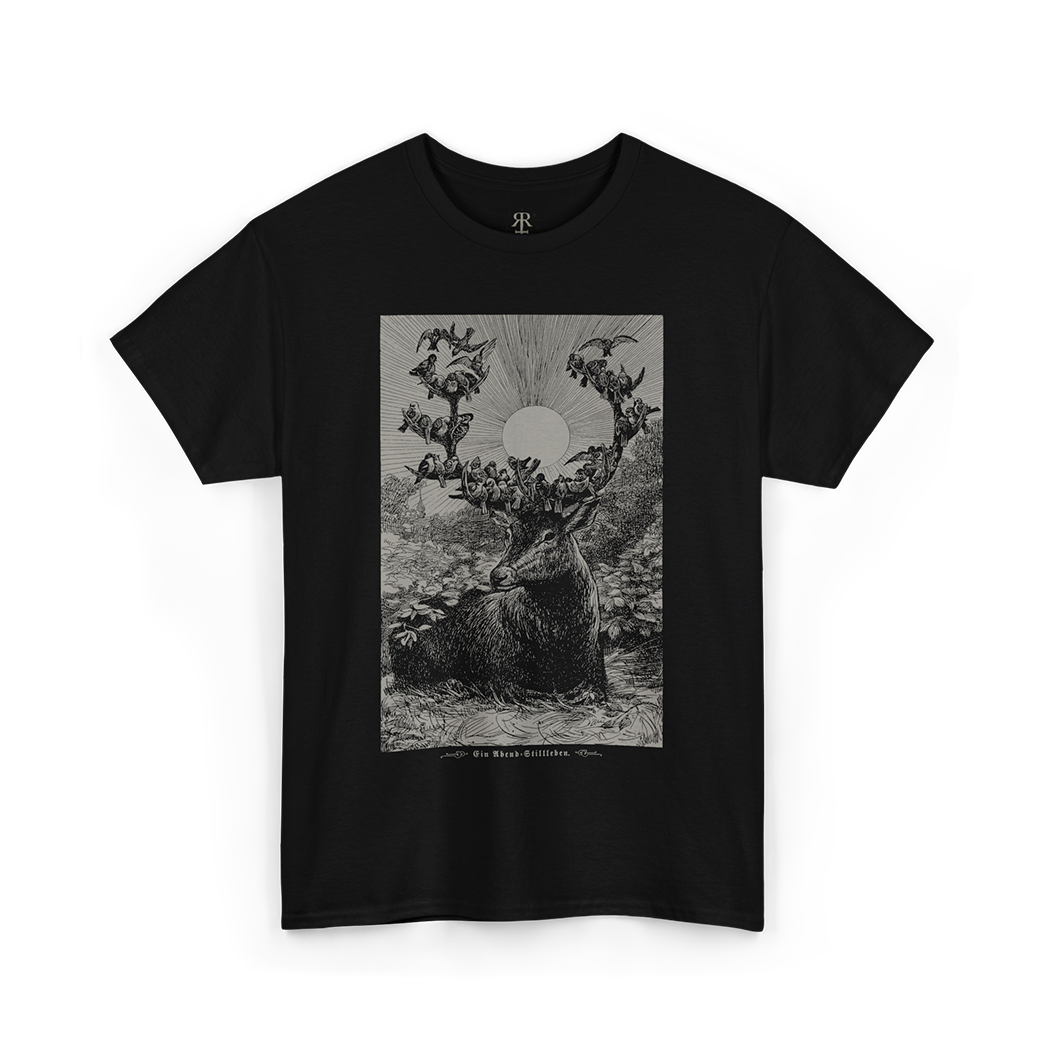 Black t-shirt showing stag and birds on his horns