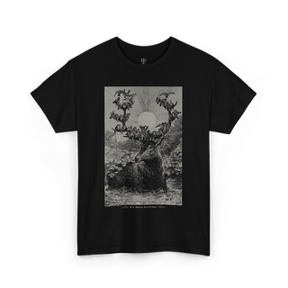 Black t-shirt showing stag and birds on his horns