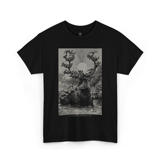 Black t-shirt showing stag and birds on his horns