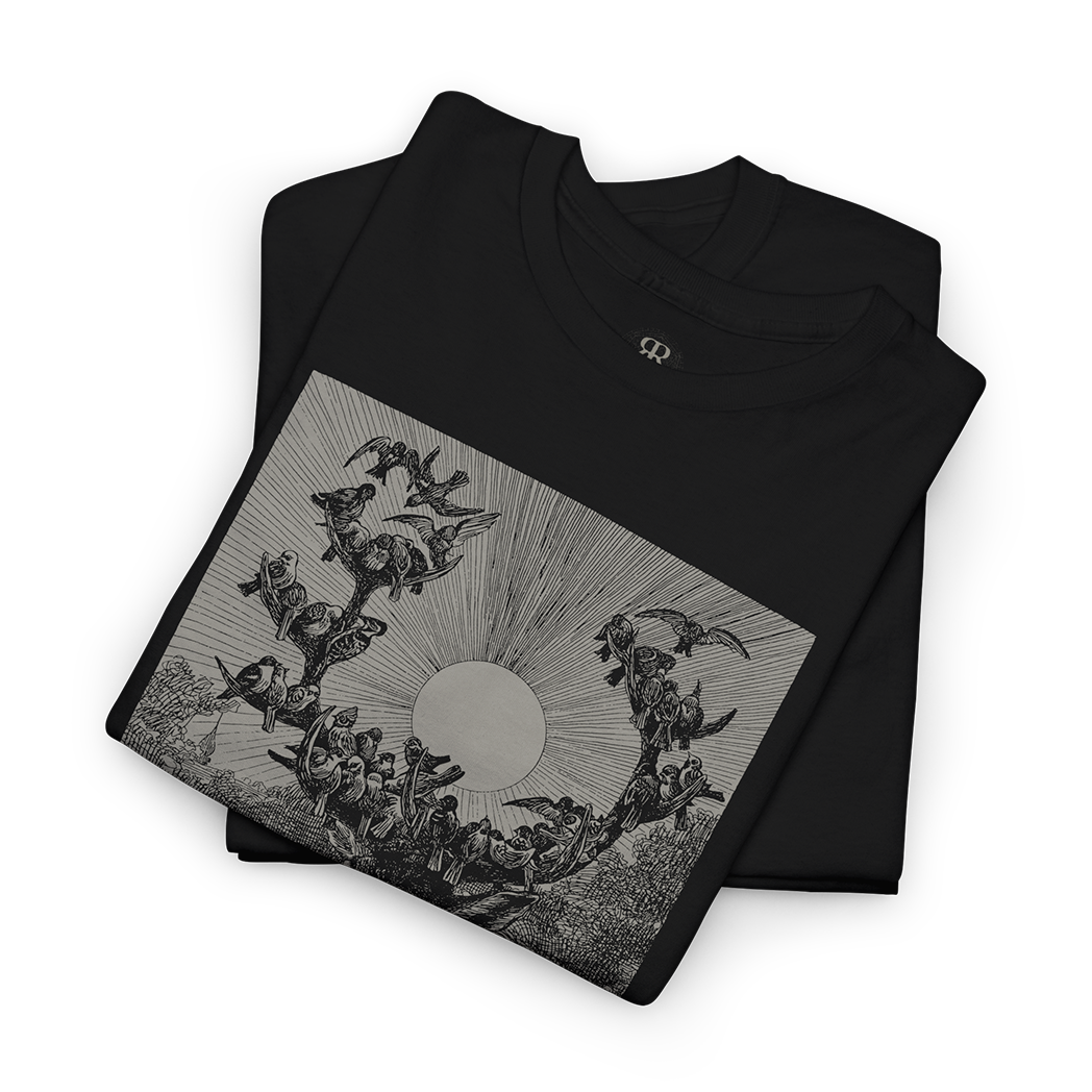 Black t-shirt showing stag and birds on his horns