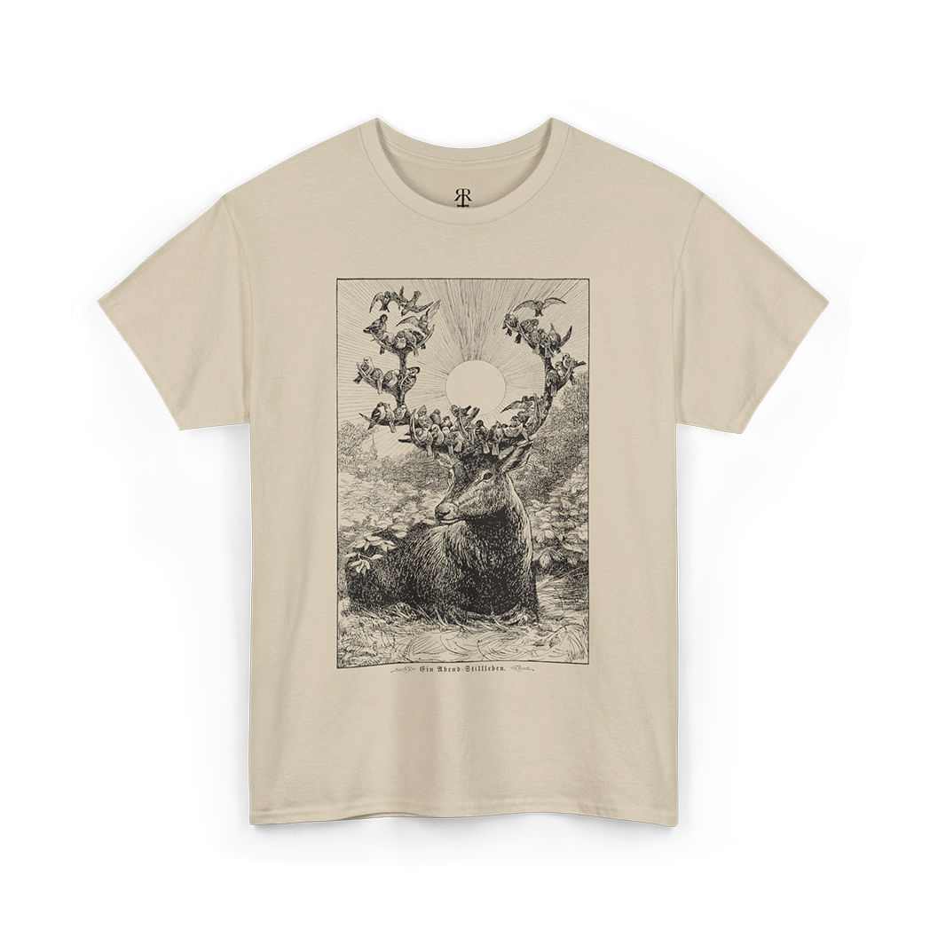 Sand t-shirt showing stag and birds on his horns