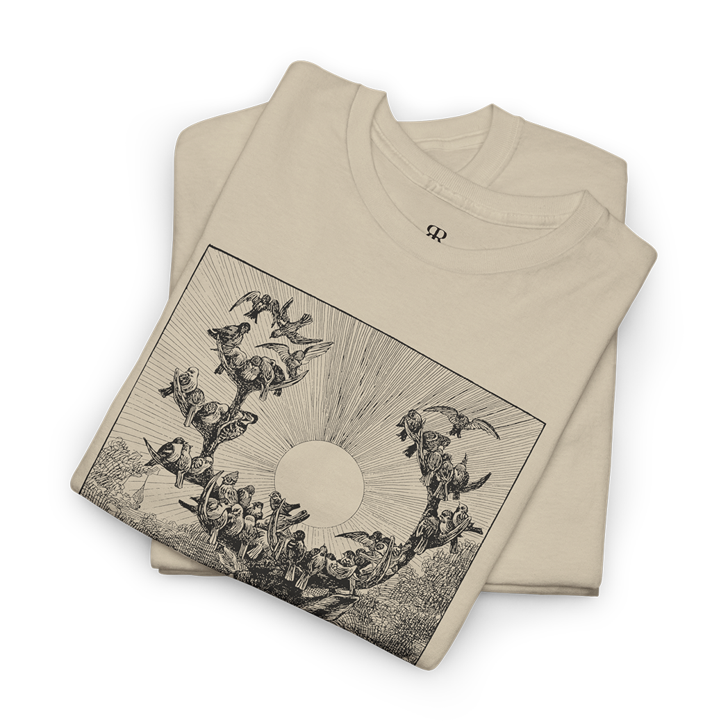 Beige t-shirt showing stag and birds on his horns